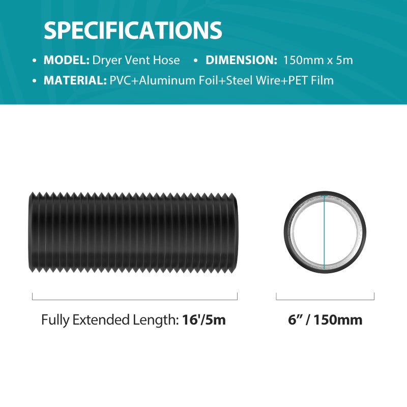 HG POWER 6 Inch Dryer Vent Hose, 16 Feet Long Flexible PVC Hose, Three Layer Noise Reducer Hose Aluminum Ducting for Heating Cooling Ventilation AC Exhaust Black - Image 3